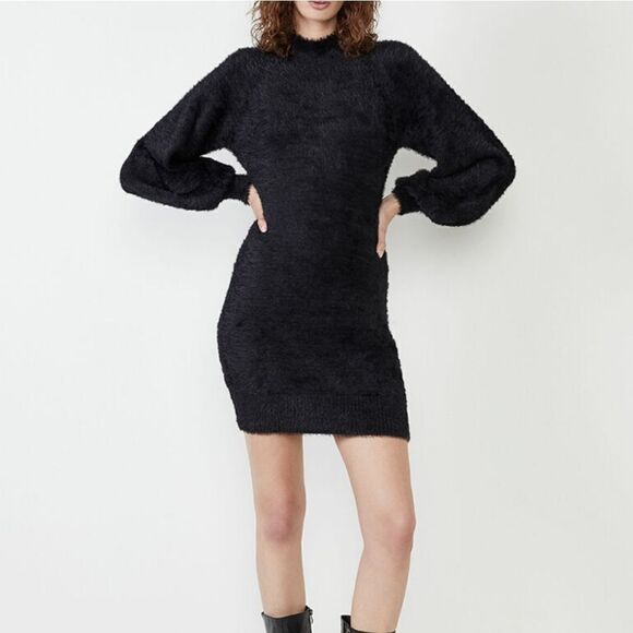 Bardot Black Knit Fuzzy Mini Dress Balloon Sleeves Mock Neck Size Large - Picture 1 of 12